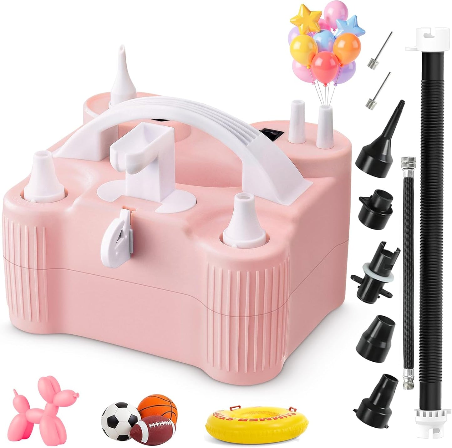 4-in-1 Electric Balloon Pump for All Balloons,Portable Dual Nozzle 600W Air Pump for Balloons,High Power Balloon Blower for Latex Foil 260q Mylar Balloon,Inflation Pool Float and Sports Balls