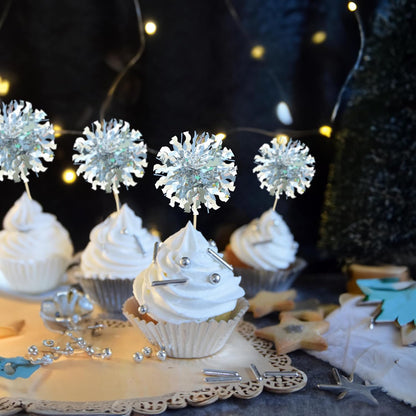 Ephlyn 30Pcs Foil Firework Cupcake Toppers Sparkle Tinsel Cupcake Picks Drink Stirrers Cocktail Food Fruit Toothpicks for Baby Shower Graduation Party Supplies White