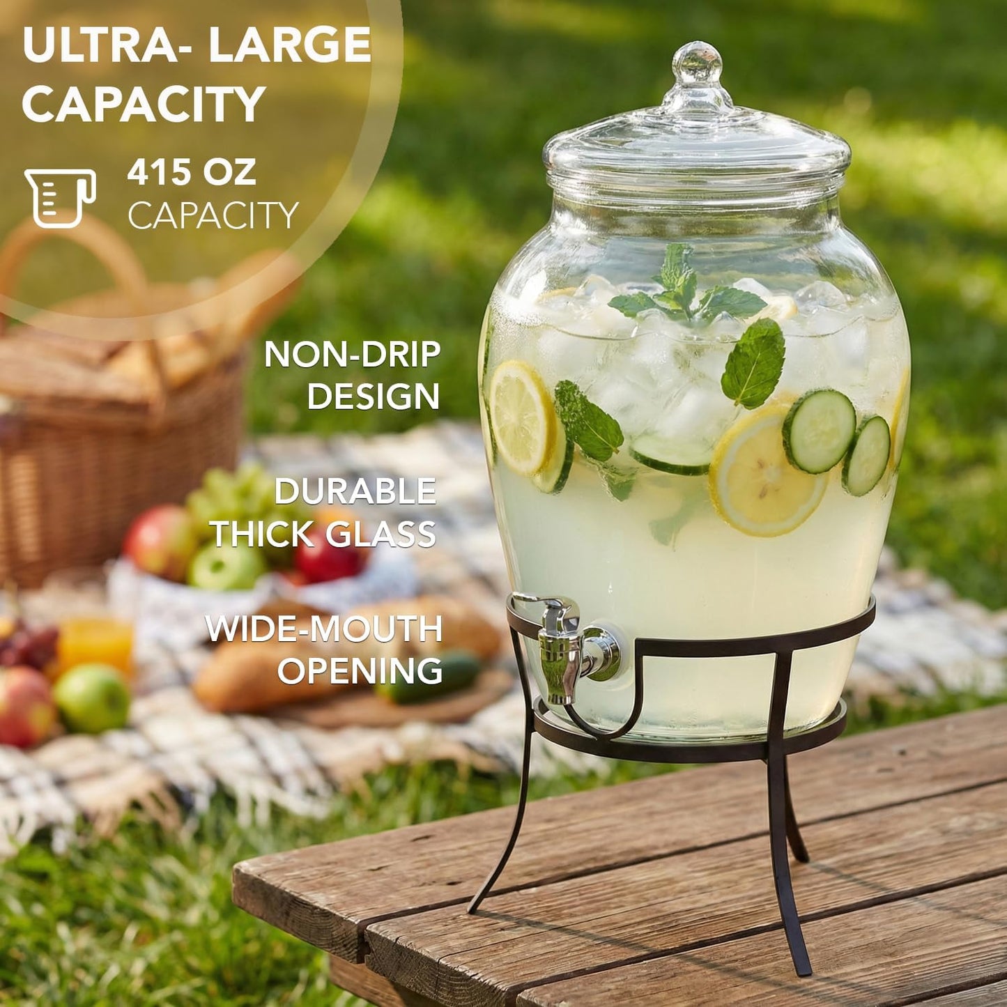Style Setter Beverage Dispenser Cold Drink Dispenser w/ 3-Gallon Capacity Glass Jug, Metal Stand & Leak-Proof Acrylic Spigot Great for Parties, Weddings & More