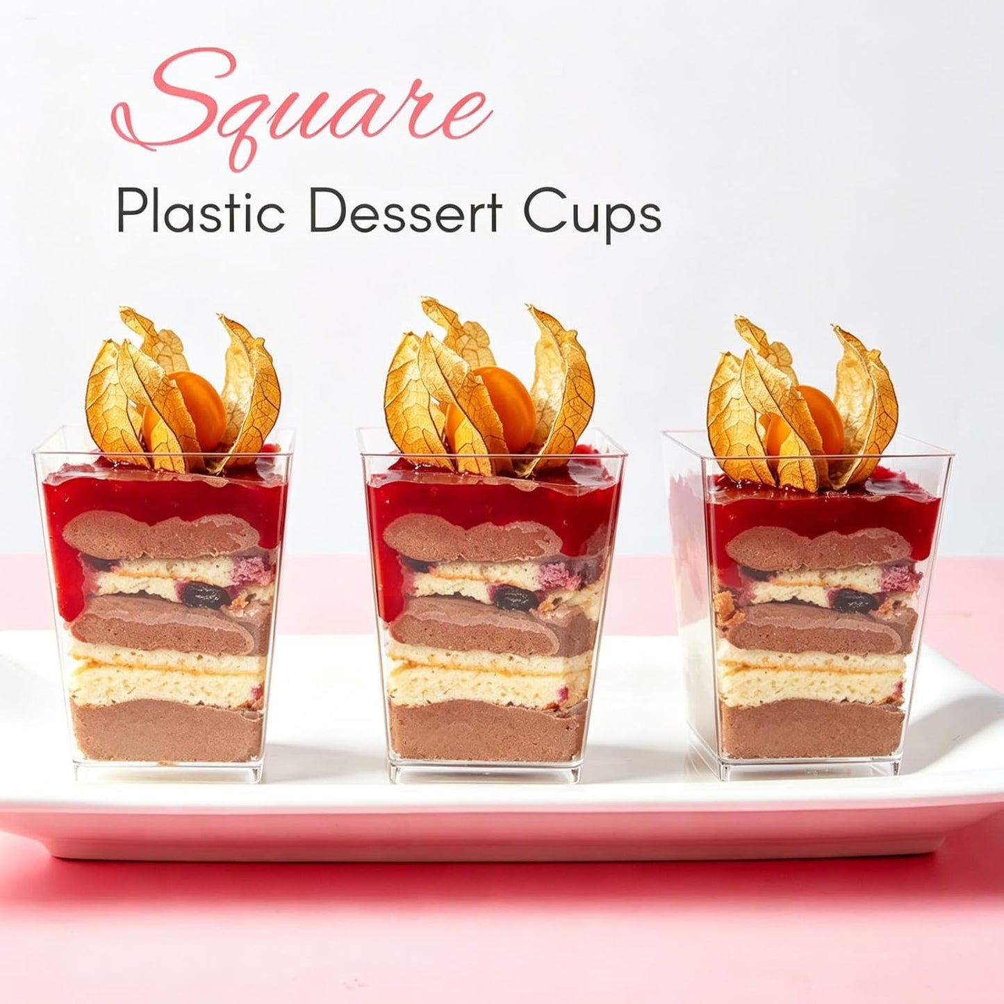 Zezzxu 3 oz Square Mini Dessert Cups with Spoons - 50 Pack Plastic Pudding & Parfait Cups Party Dessert Shooters for Serving Trifle Mousse Cake Appetizers