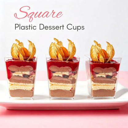 Zezzxu 3 oz Square Mini Dessert Cups with Spoons - 50 Pack Plastic Pudding & Parfait Cups Party Dessert Shooters for Serving Trifle Mousse Cake Appetizers