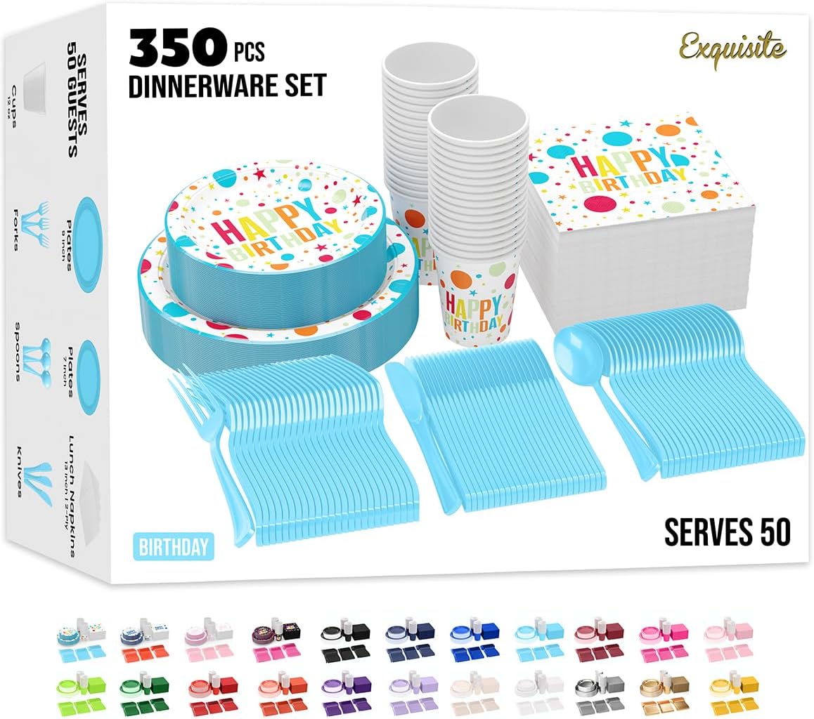 350 Pcs Black Plastic Plates For Party, Black Disposable Plates Set, 50 Of Each 9" Dinner Plate Set, 7" Dessert Plate, Cups, Napkins & Cutlery Plastic Dinnerware Set Exquisite