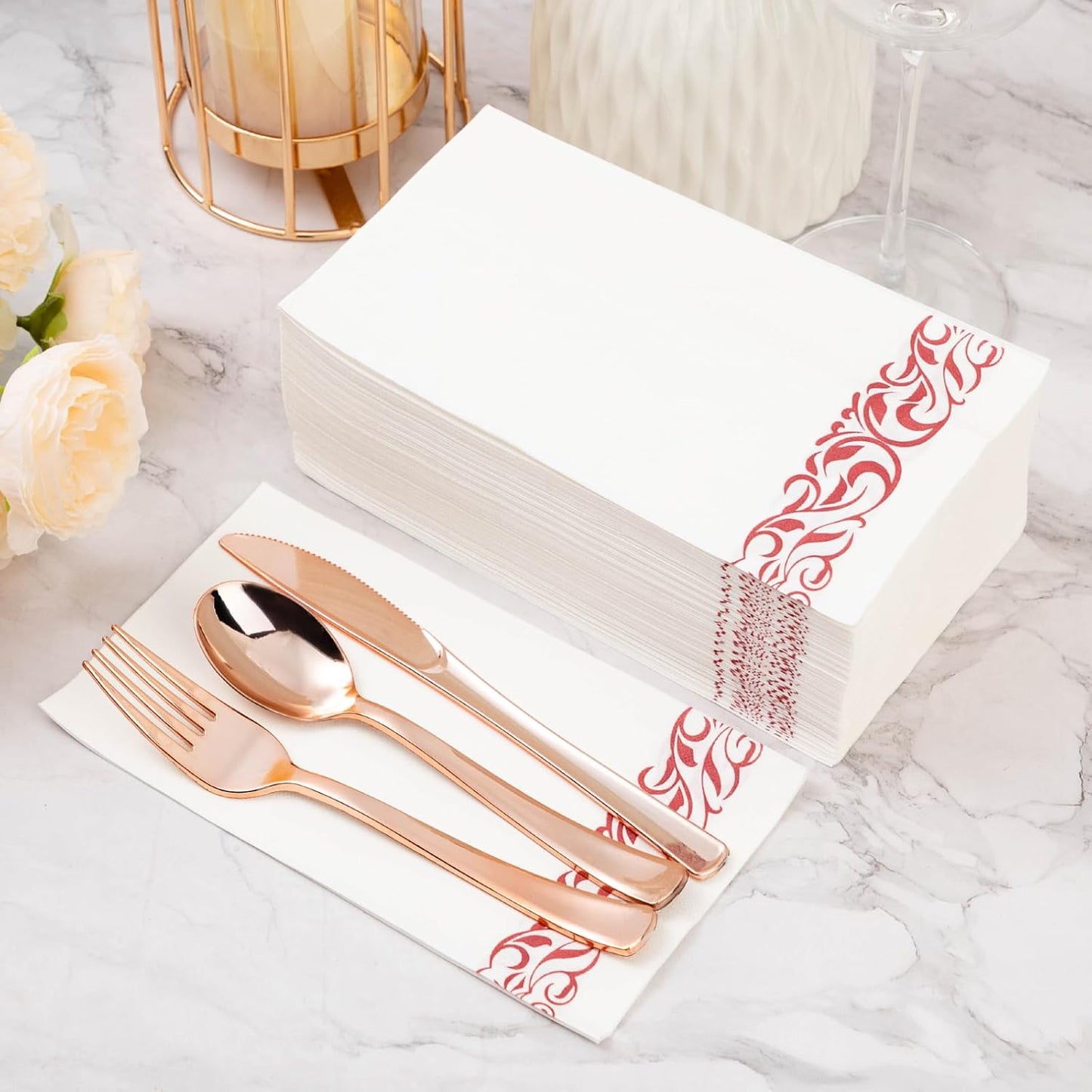BESTVIP 200 Pack Disposable Paper Napkins, 3-Ply Dinner Napkins with Gold Trim for Guests, Bathroom Paper Hand Towels Soft and Absorbent, Perfect for Kitchen, Dinner, Party, Wedding or Event