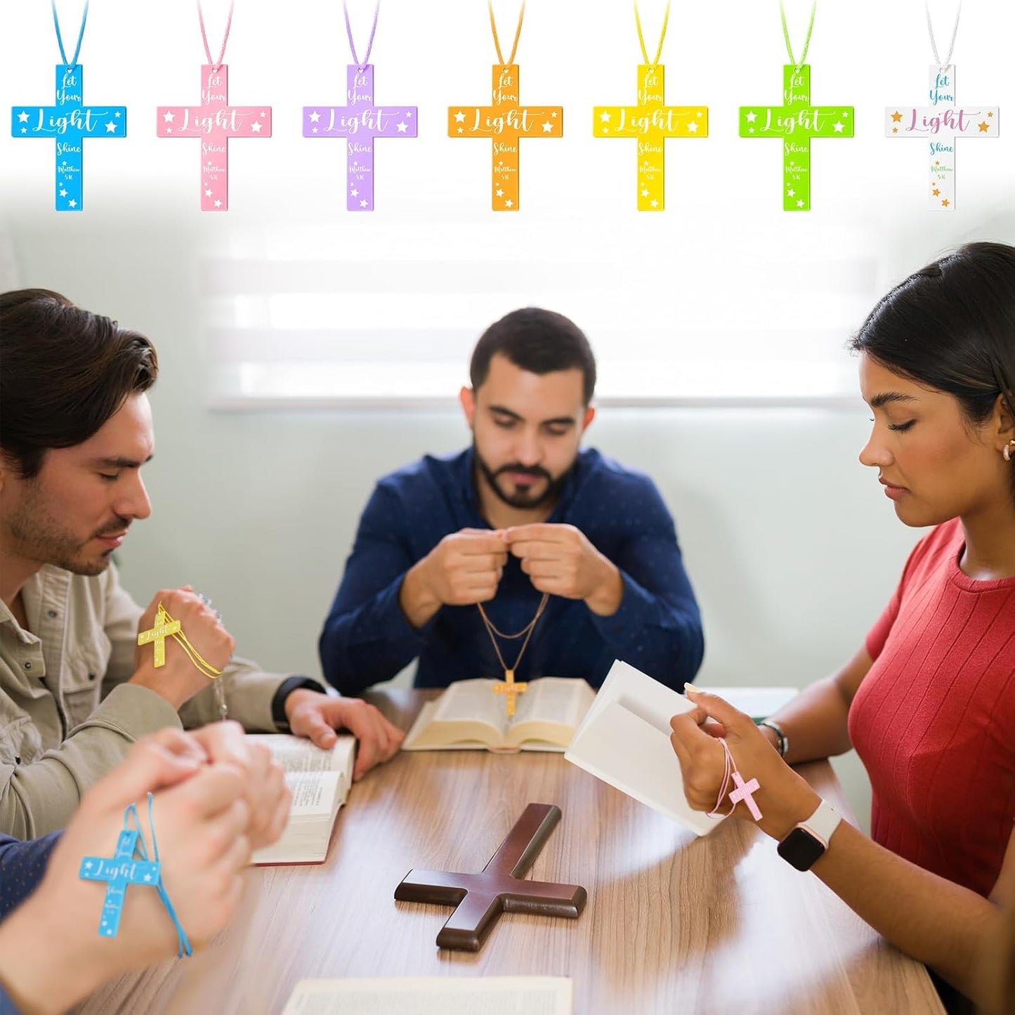 Seenelling 49 Pcs Glow in the Dark Silicone Cross Necklaces Bulk Let Your Light Shine Cross Necklace Bible Verse Religious Christian Gift for Christian VBS Birthday Church Party Favor