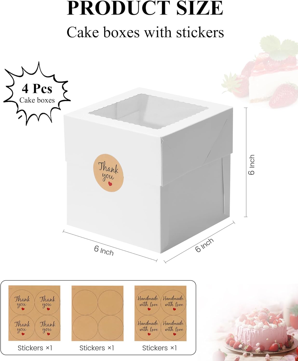 COTOPHER 4Pcs 6x6x6 Inches Mini Cake Boxes, Pink Square Bakery Boxes with Window, Small Cake Containers for Pastries, Cookies, Chocolates, Cupcakes, Birthday Party Cajas Pasteles