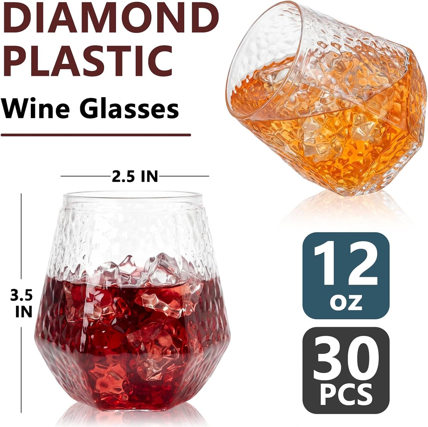 Ciaell 30 Pack Pink Plastic Ribbed Wine Glasses, 12 OZ Origami Stemless Disposable Wine Champagne Whiskey Glasses Unbreakable Clear Plastic Cocktail Glasses, Wine Cups for Party Wedding