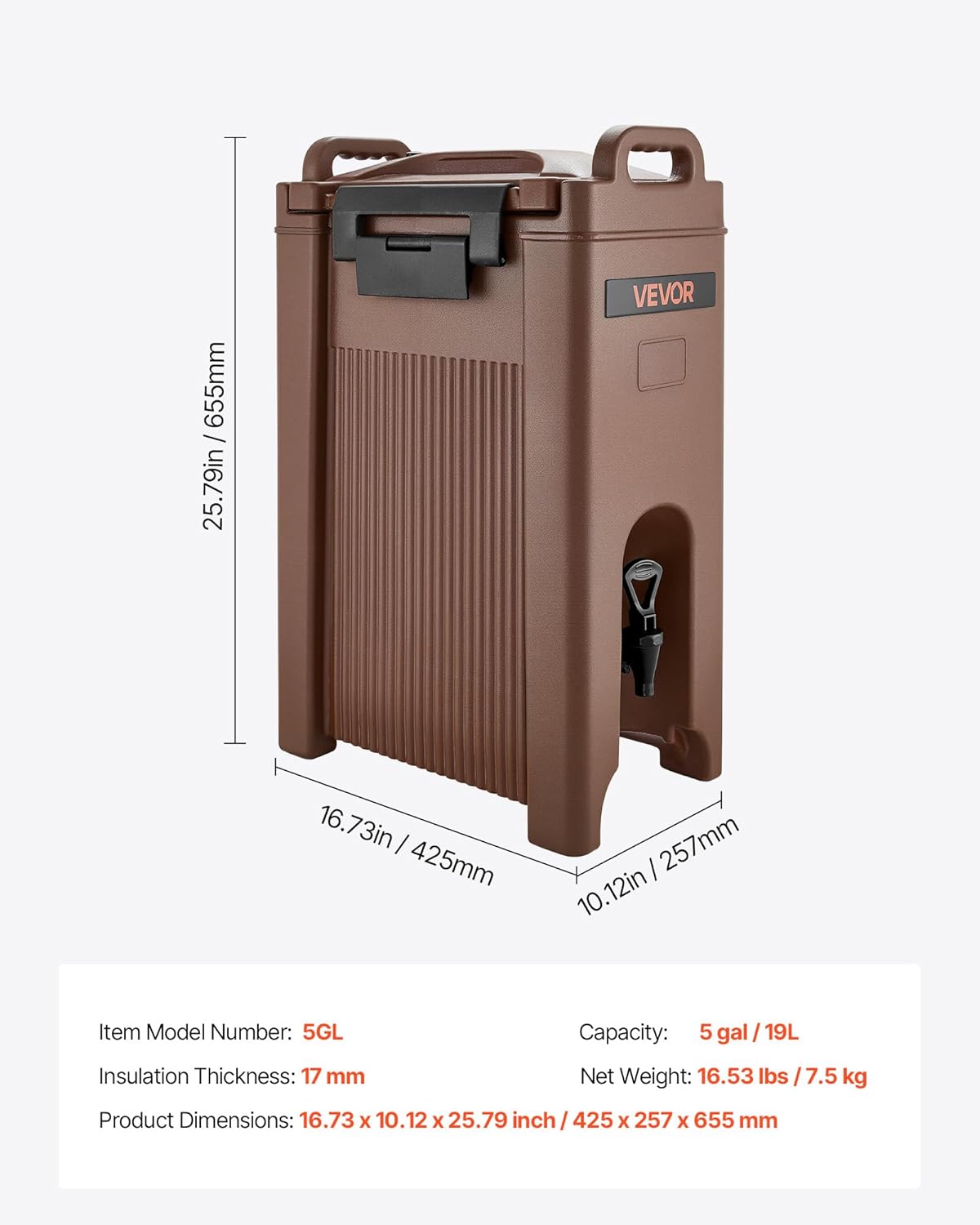 VEVOR Insulated Beverage Dispenser, 5 Gal/19L Hot and Cold Beverage Server with Spigot & Handle, Food-Grade Thermal Drink Dispenser Cooler for Tea Coffee Water in Cafes & Restaurants, Brown