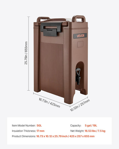 VEVOR Insulated Beverage Dispenser, 5 Gal/19L Hot and Cold Beverage Server with Spigot & Handle, Food-Grade Thermal Drink Dispenser Cooler for Tea Coffee Water in Cafes & Restaurants, Brown