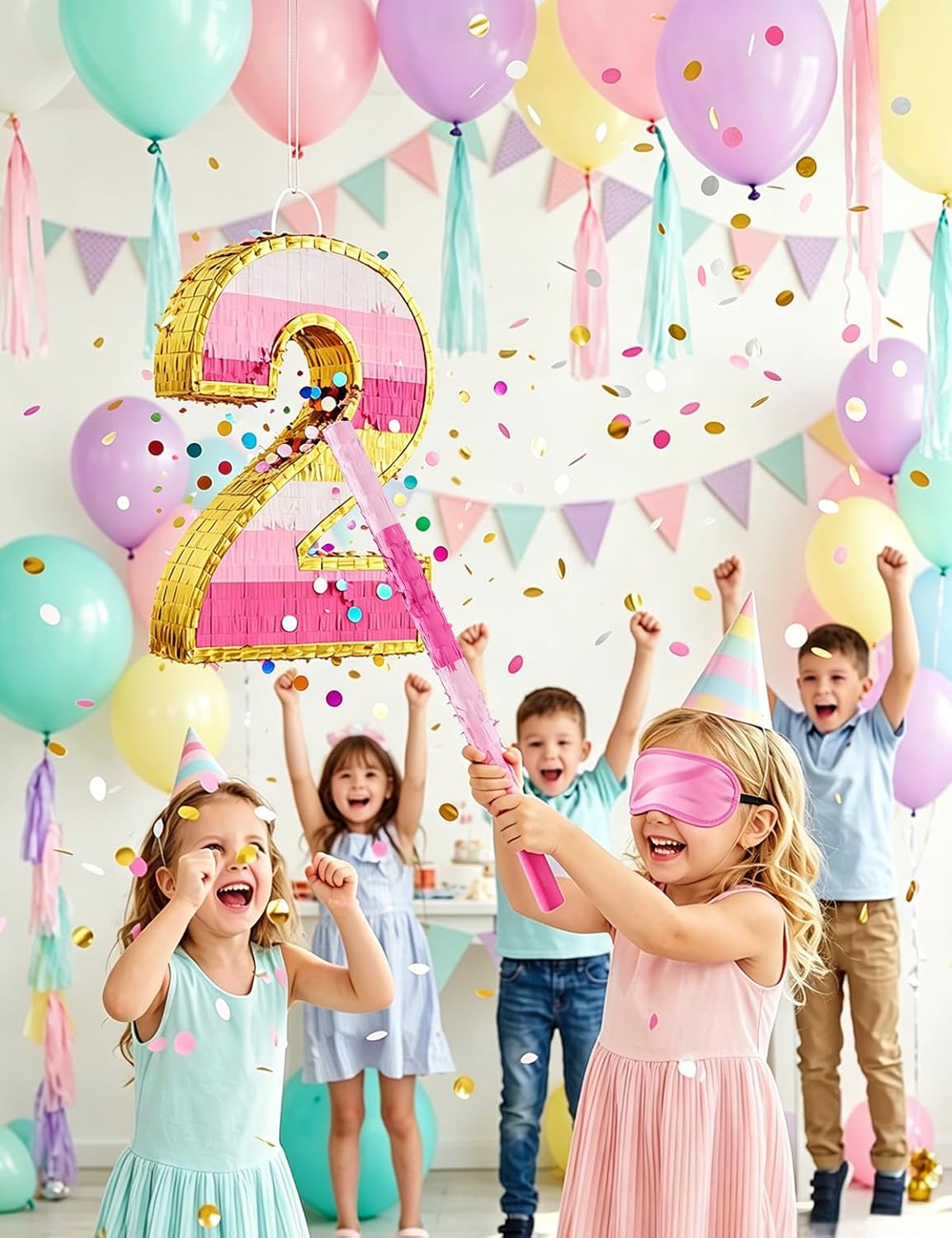 Number 5 Piñata with Stick, Blindfold & Confetti-Pink Piñata for Birthday Parties, Complete Party Game Set for Kids Girls-Gradient Pink Birthday Decor with Fillable Design(Small, 16.5 x 11.5 x 3 In)