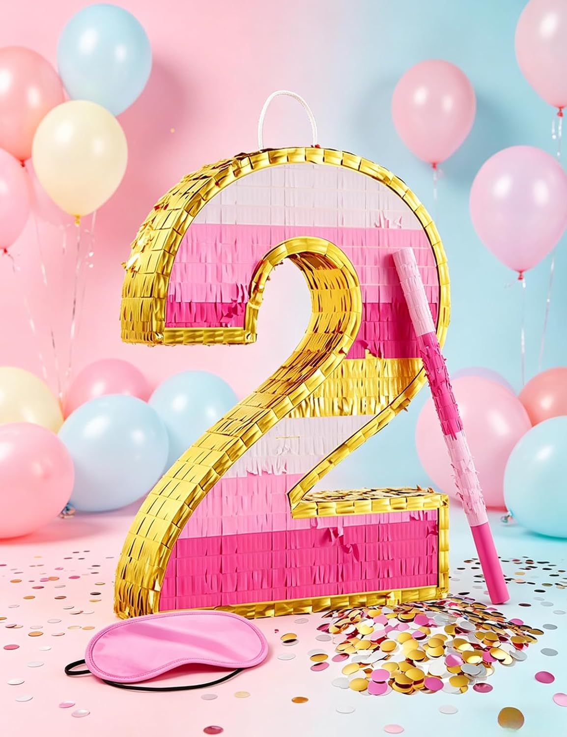 Number 5 Piñata with Stick, Blindfold & Confetti-Pink Piñata for Birthday Parties, Complete Party Game Set for Kids Girls-Gradient Pink Birthday Decor with Fillable Design(Small, 16.5 x 11.5 x 3 In)