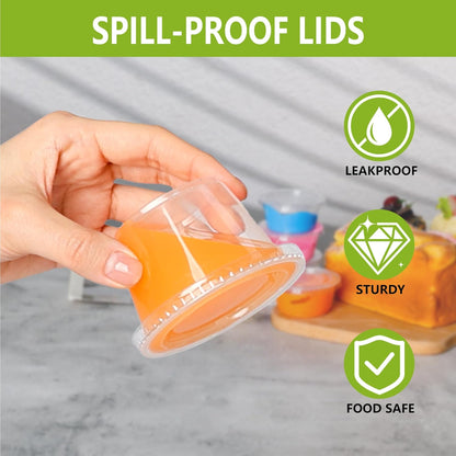 2oz Crystal Jello Shot Cups with Lids 100 Set, Leakproof & Freezer Safe Small Meal Prep Plastic Portion Cups for Salad Dessert Condiment Sauce Souffle, Food Storage Cups for Lunch Party Trips