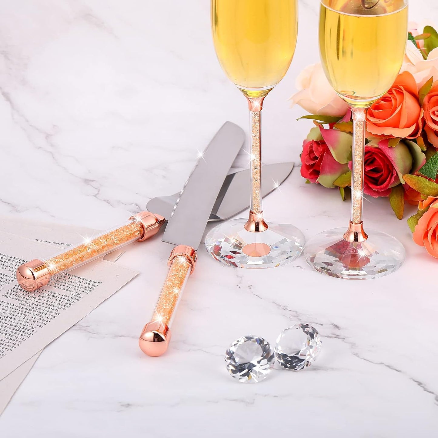 Boao 4 Piece Wedding Cake Knife and Champagne Flutes Server Set Mr and Mrs Toasting Flutes Crystal Rhinestone Cake Cutting Set for Bride and Groom Wedding Engagement Bridal Shower Gifts(Silver)