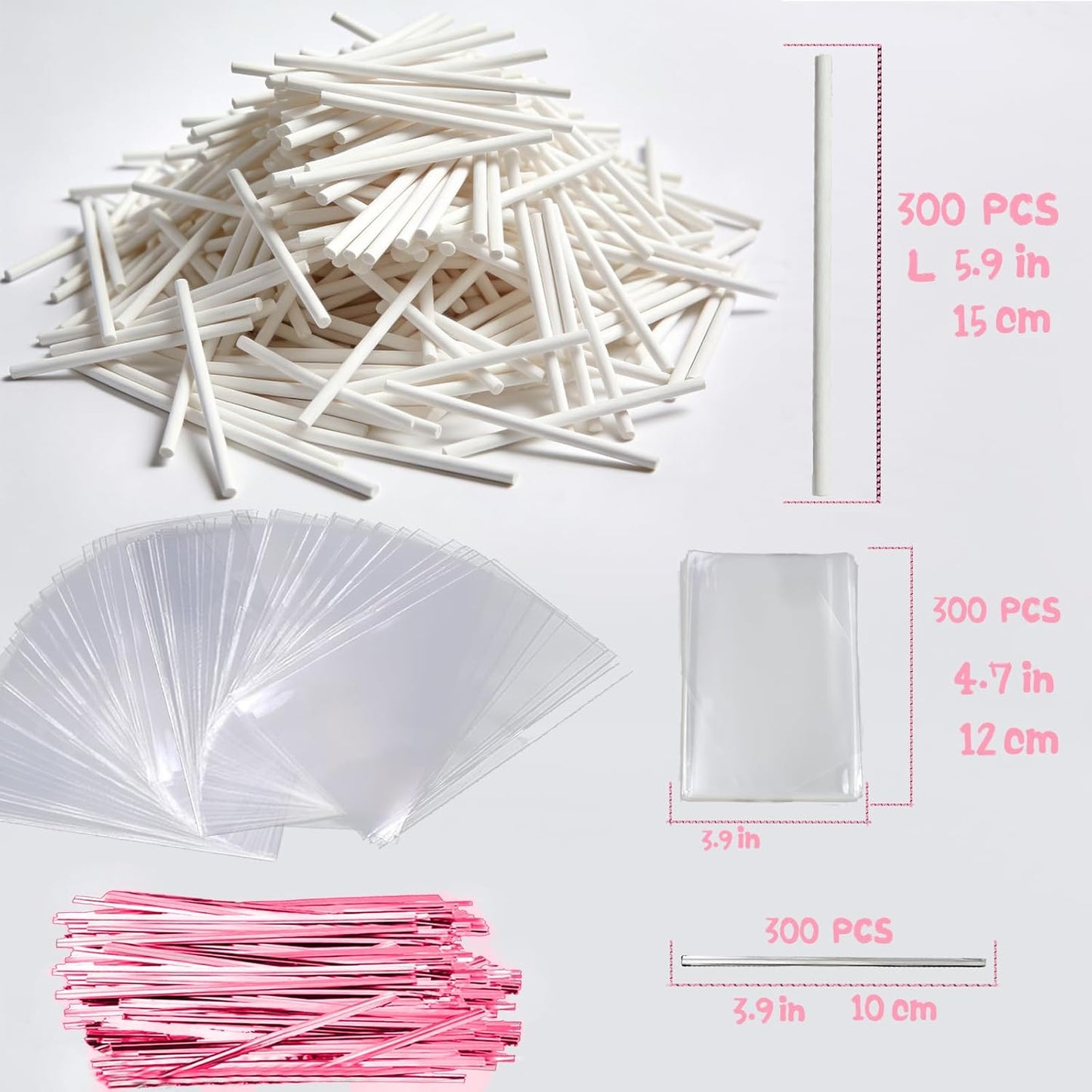 Basquei Cake Pop Sticks 6 Inches, Cake Pop Bags (3.9"X4.7"), Pink Metallic Twist Ties, 300 Pcs Cake Pop Kit Used for, Lollipops Cake, Candies, Chocolates Making Tools
