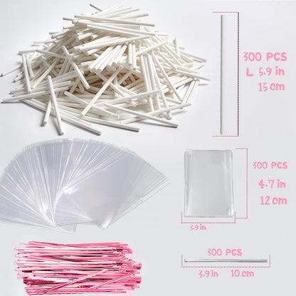 Basquei Cake Pop Sticks 6 Inches, Cake Pop Bags (3.9"X4.7"), Pink Metallic Twist Ties, 300 Pcs Cake Pop Kit Used for, Lollipops Cake, Candies, Chocolates Making Tools