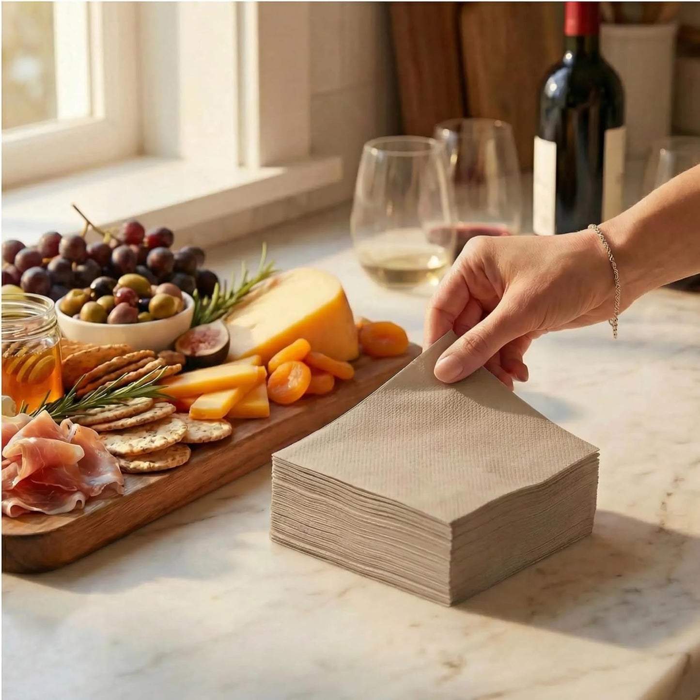 AH AMERICAN HOMESTEAD Cocktail Napkins-Disposable Beverage/Bar Napkins-White Linen-Like Square Napkins-Eco-Friendly & Compostable-Everyday Use, Party or Wedding 4.75inch x 4.75inch (100 Count, White)