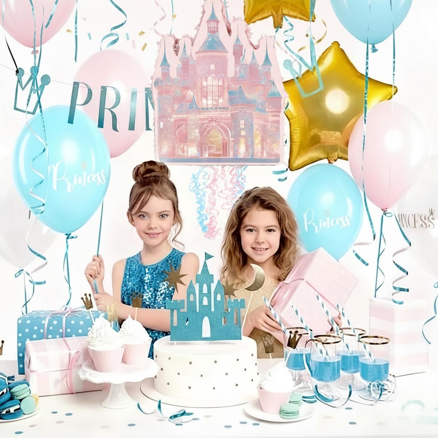 Princess Castle Pinata Set - Coquette Pink Castle Pull String Piñata with Blindfold and Stick for Girls Princess Themed Birthday Party Decorations, Winter Fairy Piñata (16.5 x12.4'')