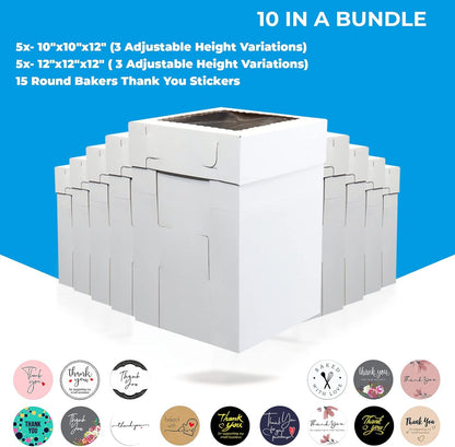 10 PK Adjustable Tall Cake Boxes in 2 Base Sizes 5-10"x10" & 5-12"x12" With 3 Adjustable Height Variations (8, 10 & 12 inch) + 15 Thank You Stickers. Tall Bakery Boxes for Tiered Cakes