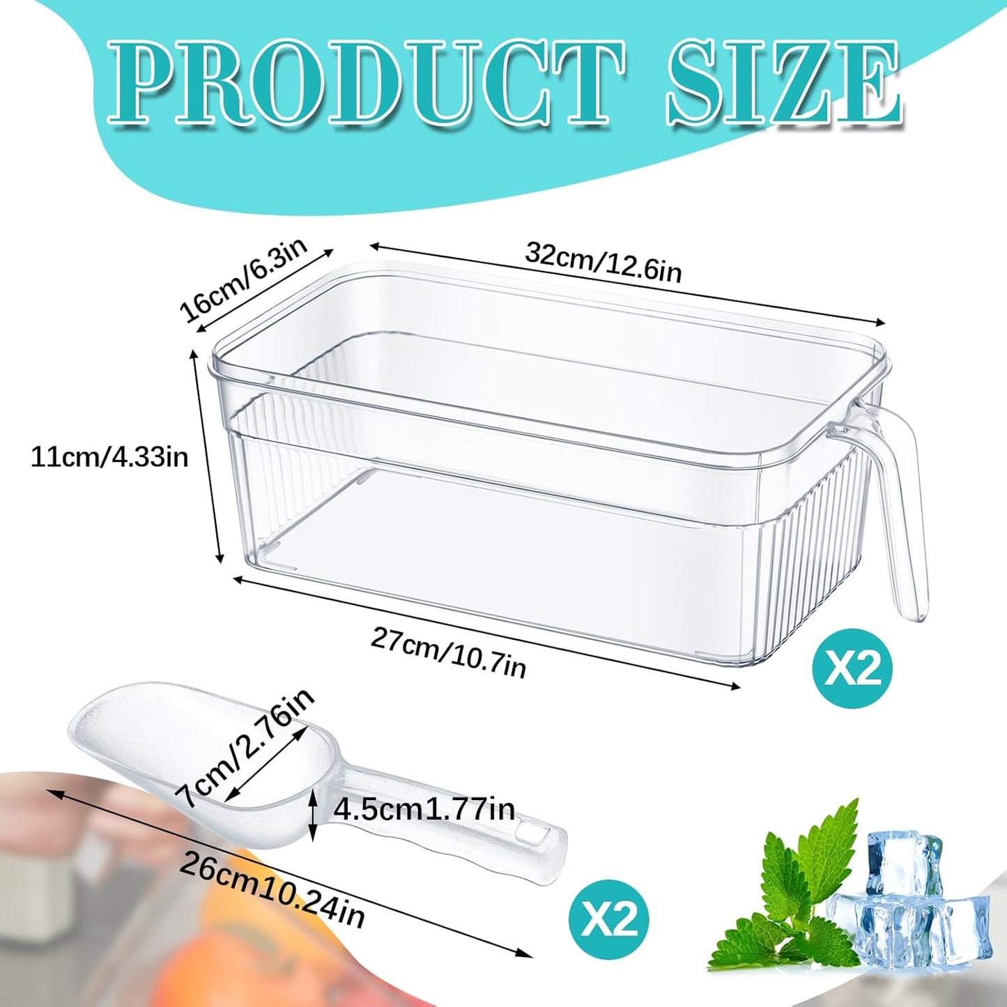 Havawish 4 Pcs Ice Storage Bin for Freezer with Lid and Flexible Scoop Set Plastic Ice Container with Lid Handle for Home Office Fridge Storage (12.4 x 8.07 x 3.94 Inches,Clear)