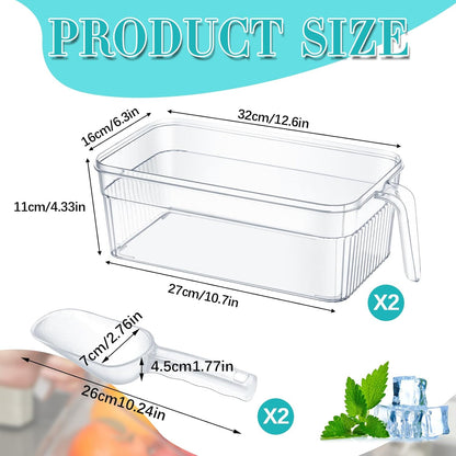 Havawish 4 Pcs Ice Storage Bin for Freezer with Lid and Flexible Scoop Set Plastic Ice Container with Lid Handle for Home Office Fridge Storage (12.4 x 8.07 x 3.94 Inches,Clear)