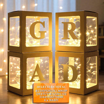 Ledido Transparent Balloon Boxes, Clear Balloon Boxes with 5 Pcs String Lights and 78 Letters for Baby Shower Gender Reveal 2026 New Year Grad Party Birthday Anniversary Bridal Decor - 5 White Boxes