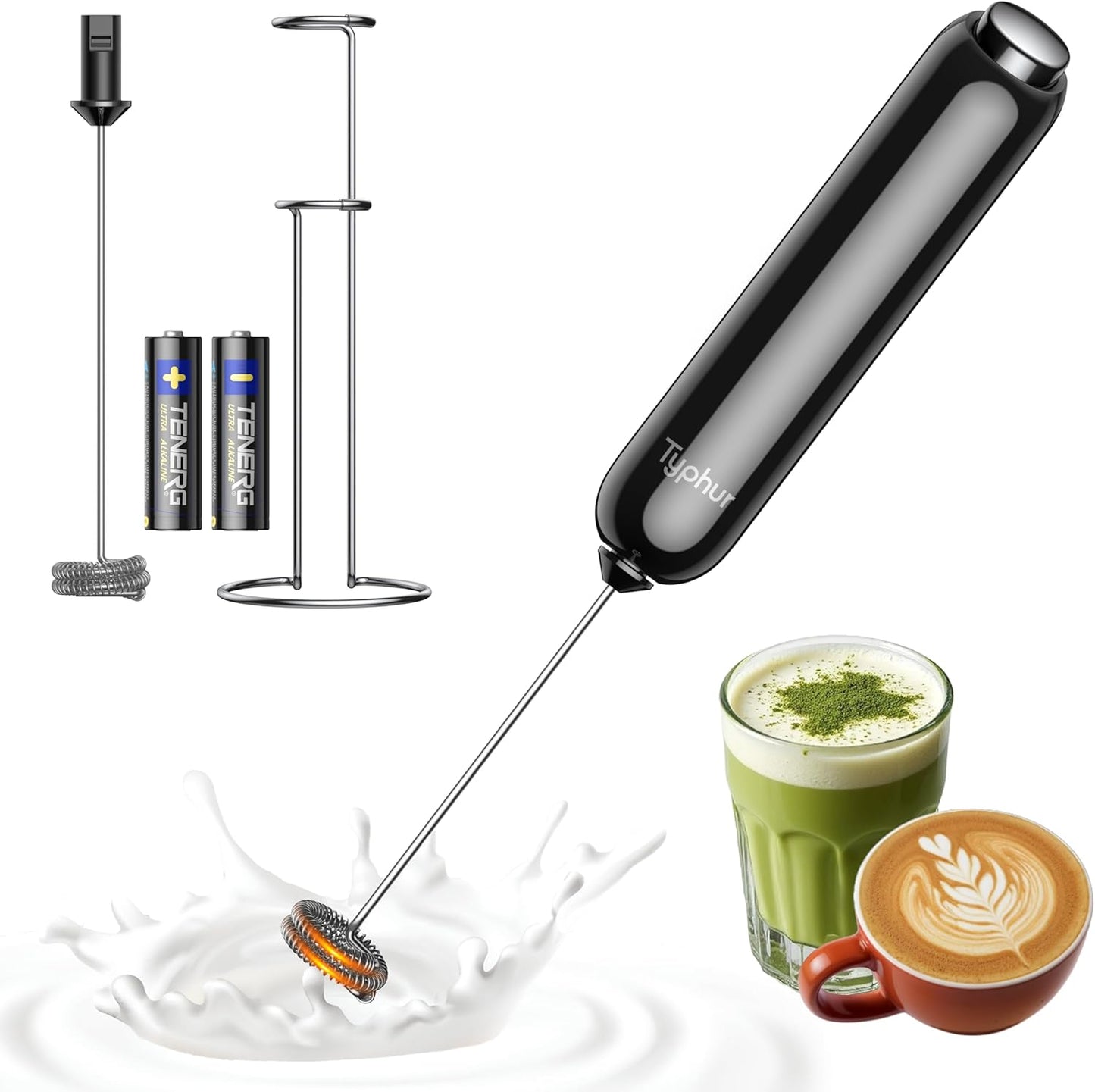 InstaWhisk Milk Frother with Variable Speed, Battery Operated Handheld Coffee Foam Frother Wand, Electric Drink Mixer with Stand & Detachable Double Whisk, Stainless Stirrer for Latte, Matcha, Protein