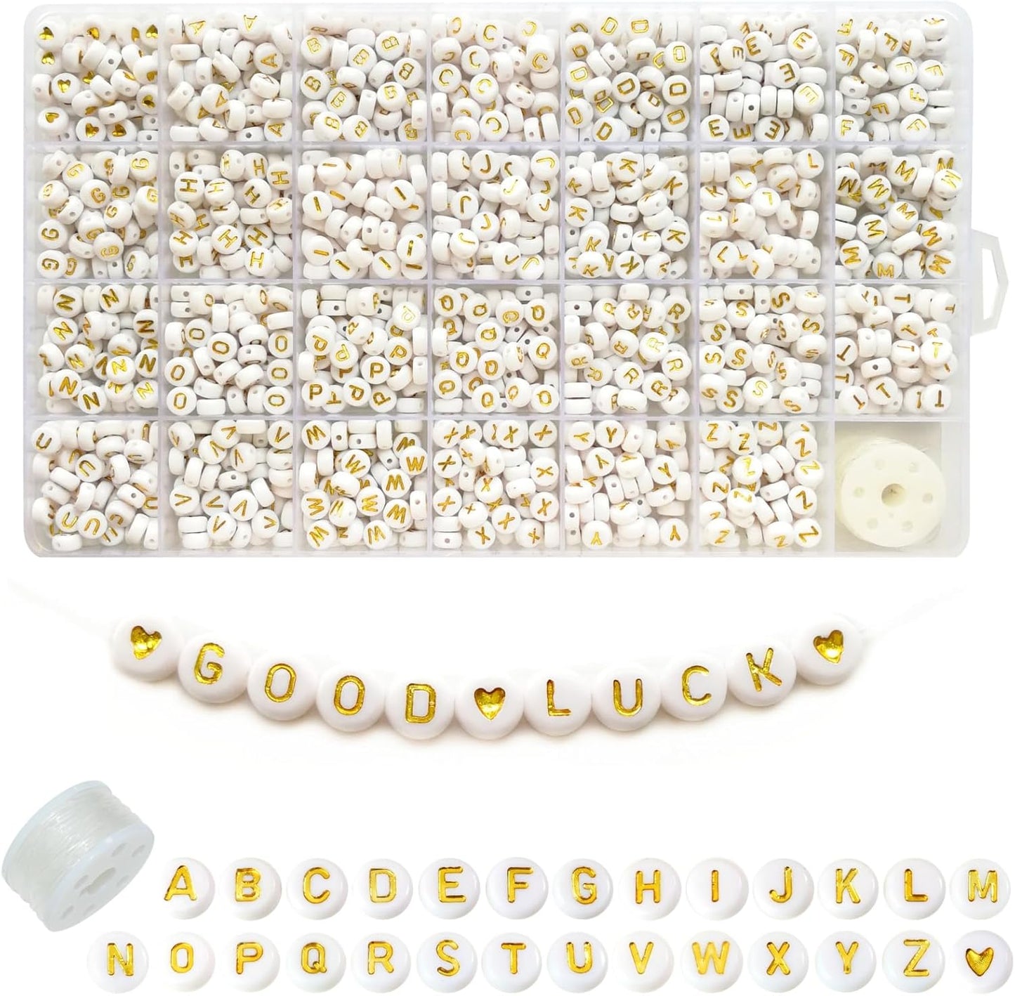 Amaney 1400pcs Glow Letter Beads, Heart Beads Whit Elastic Beading Cord,4x7mm Round Acrylic Alphabet Beads for Friend Bracelet Jewelry Making