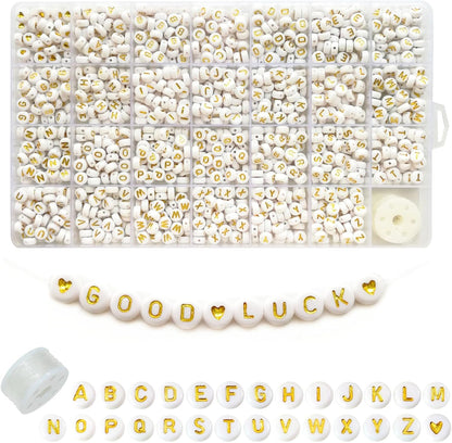 Amaney 1400pcs Glow Letter Beads, Heart Beads Whit Elastic Beading Cord,4x7mm Round Acrylic Alphabet Beads for Friend Bracelet Jewelry Making