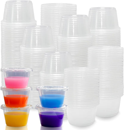 2oz Crystal Jello Shot Cups with Lids 100 Set, Leakproof & Freezer Safe Small Meal Prep Plastic Portion Cups for Salad Dessert Condiment Sauce Souffle, Food Storage Cups for Lunch Party Trips