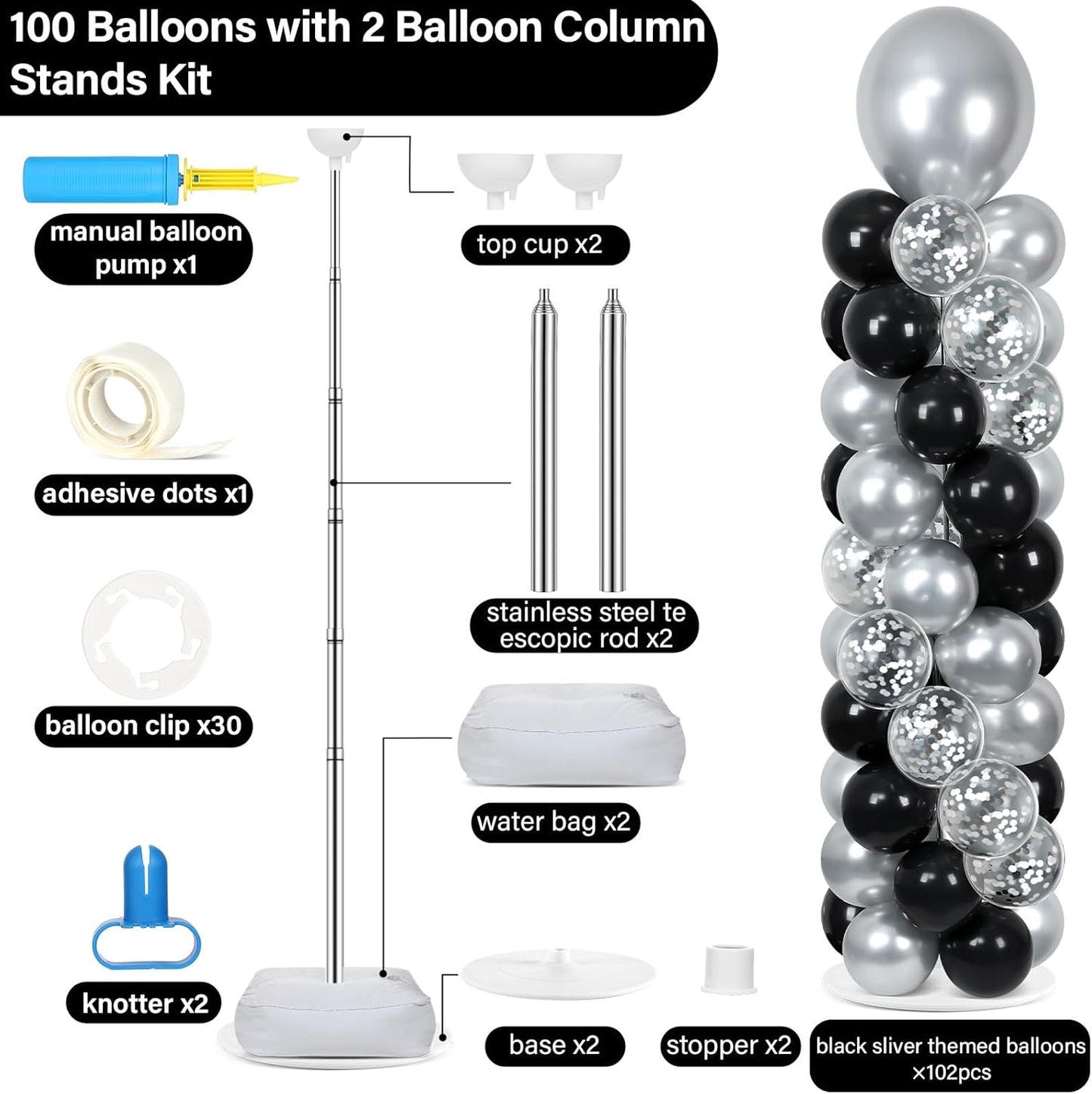 2 Set Black and Gold Balloons Column Stand Kit with 100 Balloons Adjustable Balloon Stand with Bases for Floor Black Gold Confetti Balloon Column Kit for Bridal Shower Valentine Birthday Party Decor