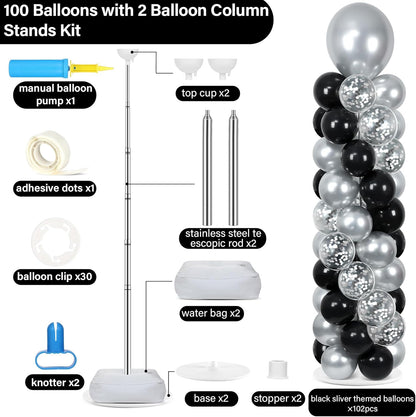 2 Set Black and Gold Balloons Column Stand Kit with 100 Balloons Adjustable Balloon Stand with Bases for Floor Black Gold Confetti Balloon Column Kit for Bridal Shower Valentine Birthday Party Decor