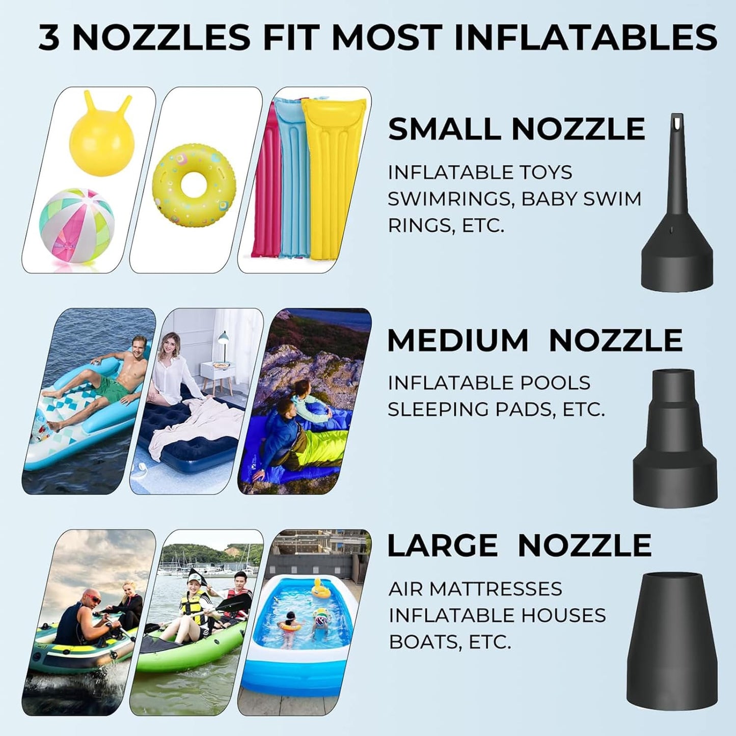 Quick-Fill Electric Air Pump with 3 Nozzles, AC 110V-120V Portable Inflator Deflator for Inflatables Pool Float Toys Air Mattress Bed Couch Swim Ring Tube Raft