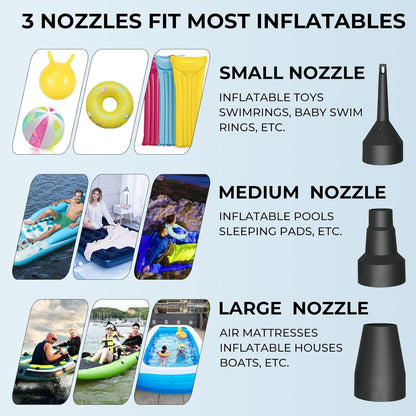 Quick-Fill Electric Air Pump with 3 Nozzles, AC 110V-120V Portable Inflator Deflator for Inflatables Pool Float Toys Air Mattress Bed Couch Swim Ring Tube Raft