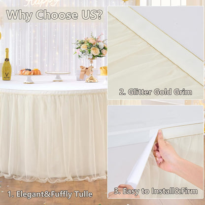 72inch Champagne Gold Tulle Table Skirts for Rectangle Round Tables, Gold Grim Ruffle Tulle Tutu Cloth Table Skirt 6ft for Wedding Birthday Party Cake Dessert Decor(No Top Cover)