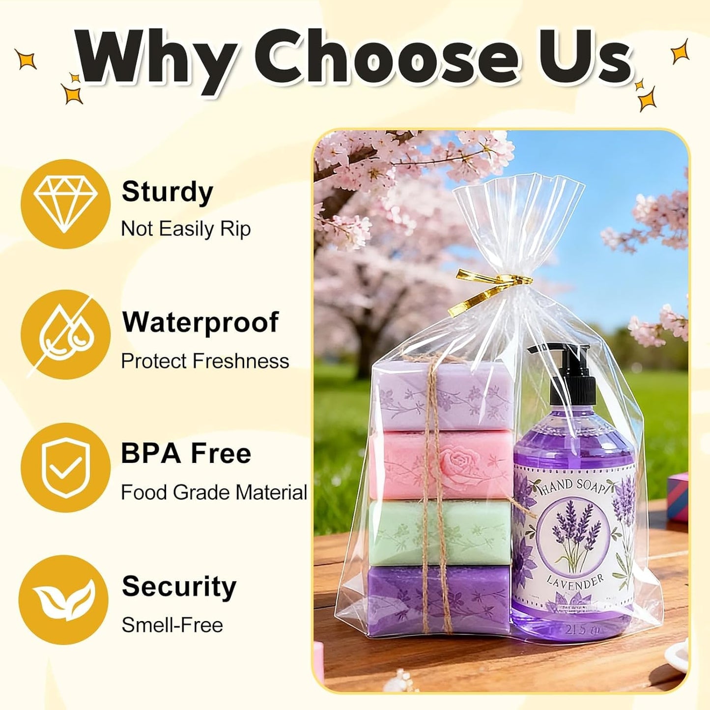 PigPotParty Cellophane Treat Bags 6x9 Inch, 50 Pack Clear Goodie Bags with Bottom Gusset for Stand-Up Display, Small Plastic Gift Wrap for Cookies, Candy, Party Favors, Popcorn, Includes 50 Gold Ties