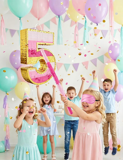 Number 5 Piñata with Stick, Blindfold & Confetti-Pink Piñata for Birthday Parties, Complete Party Game Set for Kids Girls-Gradient Pink Birthday Decor with Fillable Design(Small, 16.5 x 11.5 x 3 In)
