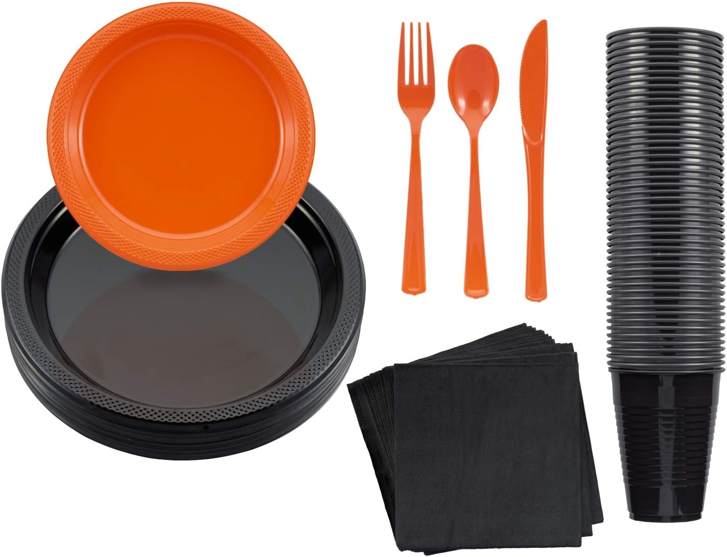 350 Pcs Black Plastic Plates For Party, Black Disposable Plates Set, 50 Of Each 9" Dinner Plate Set, 7" Dessert Plate, Cups, Napkins & Cutlery Plastic Dinnerware Set Exquisite