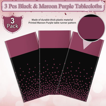 MASHAN 3Pcs Black and Red Tablecloth Party Decorations,Plastic Black Table Cloth Printed Red Table Runner Disposable Rectangle Cover for Birthday Weeding Anniversary Graduation Party,54 x108 Inch