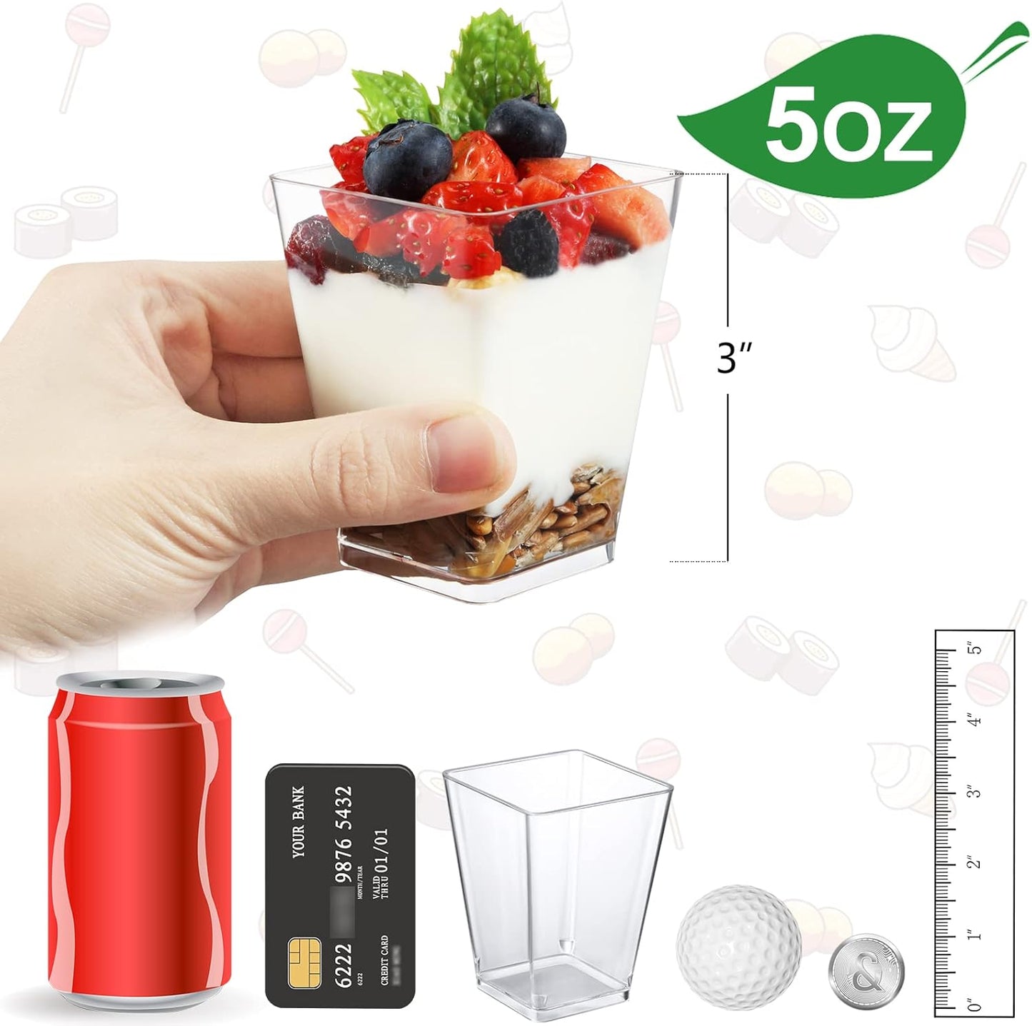 Eupako 200 Pack 5 OZ Plastic Mini Dessert Cups - Clear Small Parfait Cups, Square Appetizer Cups for Fruit, Pudding, Mousse, Ice Cream, Party, Wedding, Valentine's Day