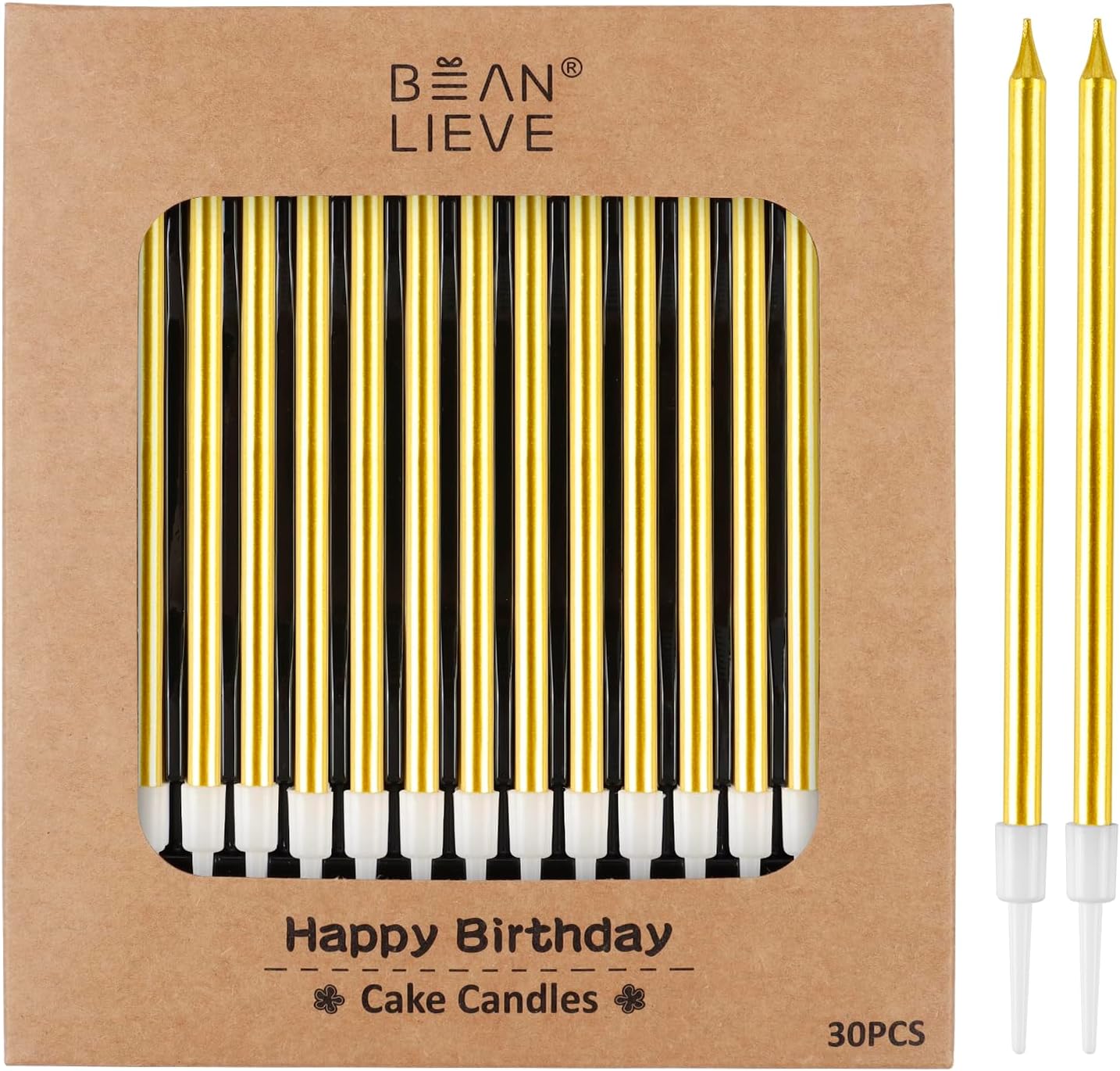 BEAN LIEVE 30-Count Champagne Gold Long Thin Metallic Birthday Candles, Cake Candles, Birthday Parties, Wedding Decorations, Party Candles, Cake Decorations