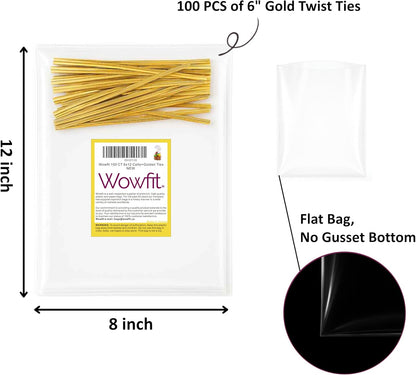 Wowfit 100 CT 6x10 Inch Clear Flat Cellophane Treat Bags with 6” Gold Twist Ties, Cello Packaging for Gift Wrapping, Decorations, and Food Storage