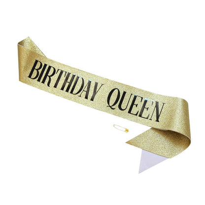 Gold Glitter Birthday Queen Sash for Women Girls, Happy Birthday Party Supplies and Decorations