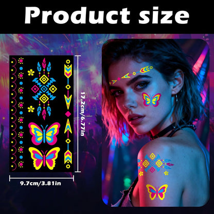 Glow in the Dark Tattoos 256+ PCS – Luminous Party Supplies Neon Body Paint UV Face Temporary Tattoos for Adults Teens, 32 Sheets Neon Accessories Carnival Raves Party Favors & Decorations