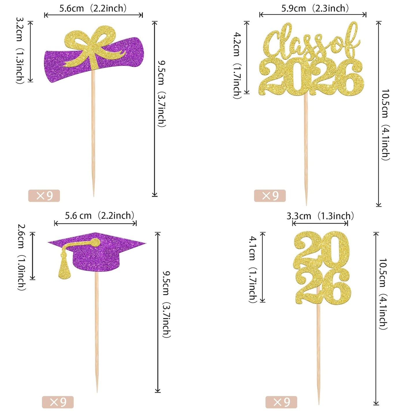 36 PCS 2026 Graduation Theme Cupcake Toppers Glitter Class of 2026 Grad Cap Diploma Cupcake Picks 2026 Graduation Theme Party Cake Decorations Supplies Deep Blue