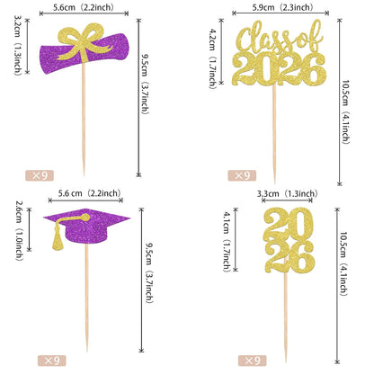 36 PCS 2026 Graduation Theme Cupcake Toppers Glitter Class of 2026 Grad Cap Diploma Cupcake Picks 2026 Graduation Theme Party Cake Decorations Supplies Deep Blue