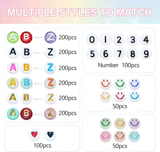 Amaney 1400pcs Glow Letter Beads, Heart Beads Whit Elastic Beading Cord,4x7mm Round Acrylic Alphabet Beads for Friend Bracelet Jewelry Making
