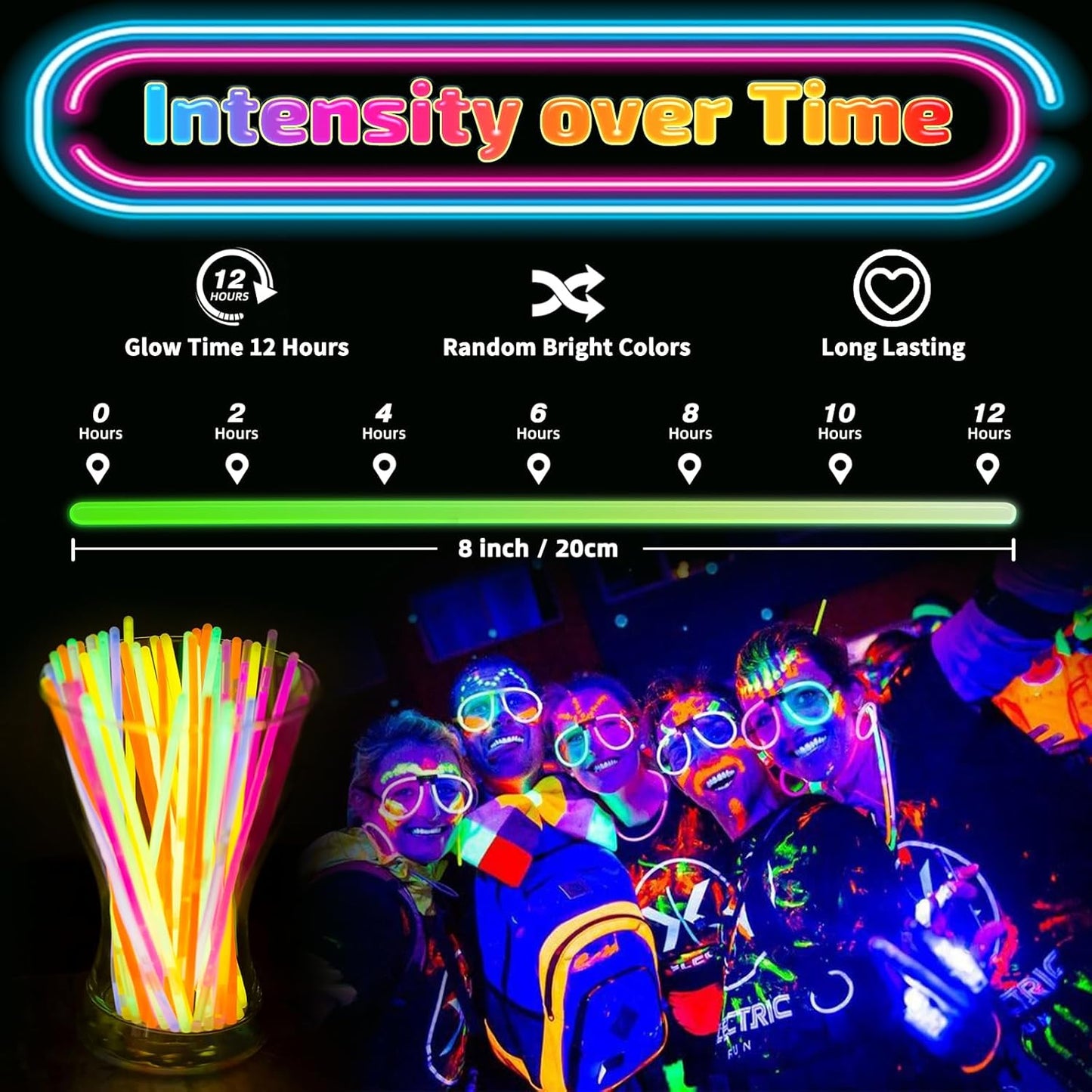 HONLYNE 100 Pack Glow Sticks Party Favors Bulk, 8" Glow in the Dark Party Supplies, Party Favors for Kids 8-12, Neon Glow Stick Bracelets & Necklaces for Raves, Halloween, Christmas, Birthdays