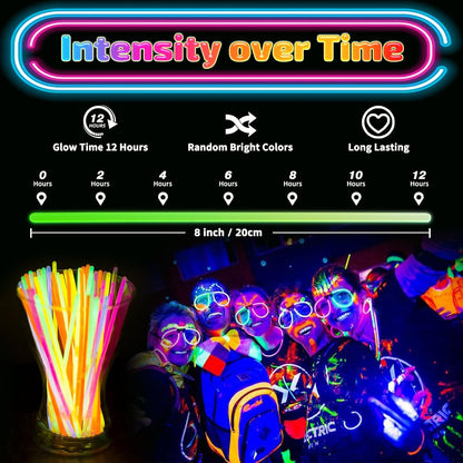 HONLYNE 100 Pack Glow Sticks Party Favors Bulk, 8" Glow in the Dark Party Supplies, Party Favors for Kids 8-12, Neon Glow Stick Bracelets & Necklaces for Raves, Halloween, Christmas, Birthdays