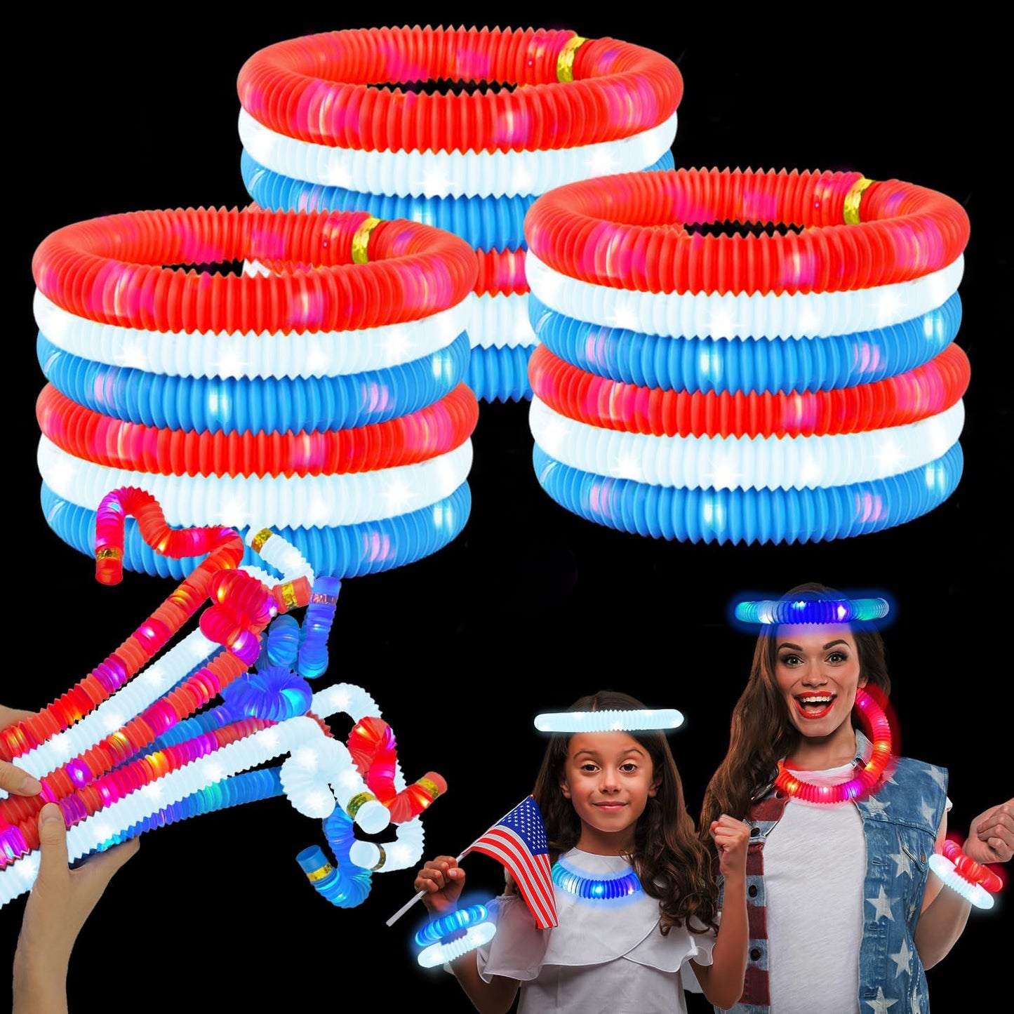 Fourth of July Glow Sticks Accessories for Kids 9 PCS, Red White Blue Light Up Pop Tubes Bracelets Necklaces Toys,4th of July Parade Throws Favors,250th Patriotic Party Supplies for Memorial Day Decor