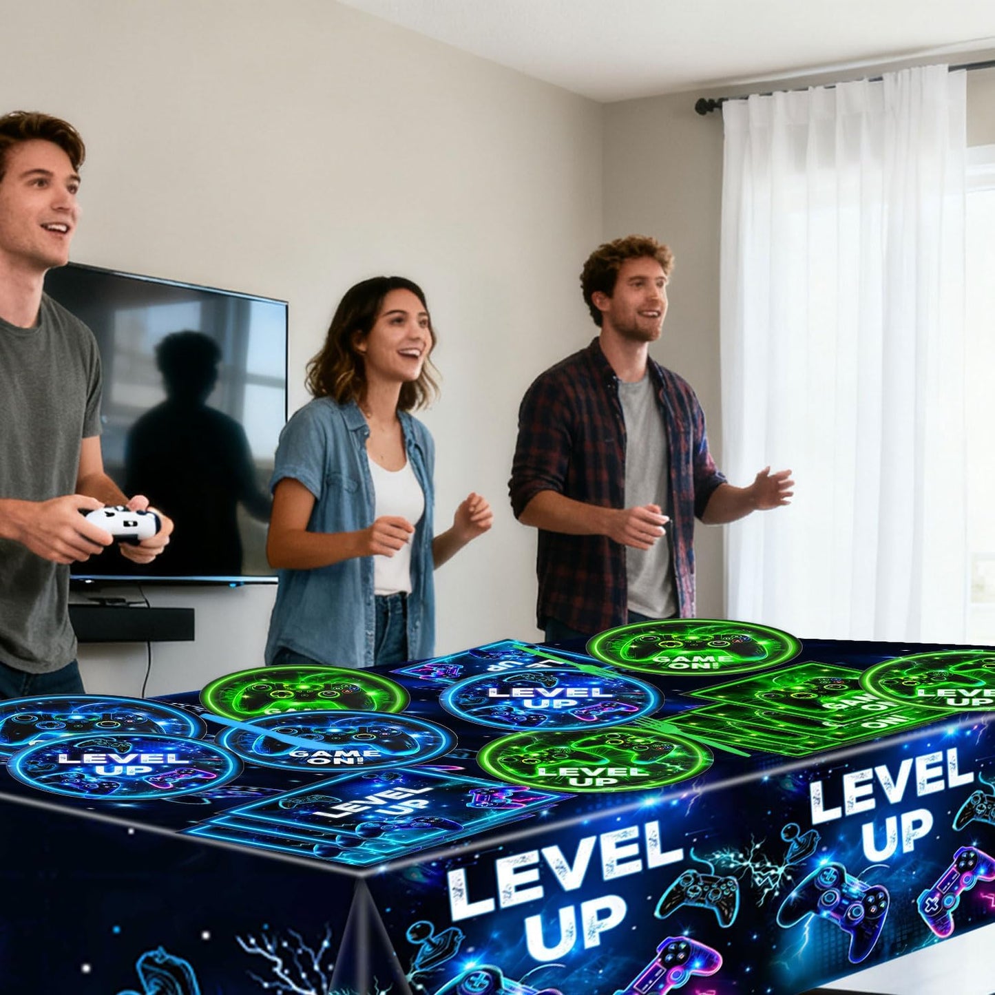 Video Game Birthday Decorations - Neon Level Up Game Tableware Includes Plates, Napkins, Cups, Forks, Tablecloths for Boy Gamer Birthday Party, Serves 24