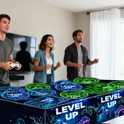 Video Game Birthday Decorations - Neon Level Up Game Tableware Includes Plates, Napkins, Cups, Forks, Tablecloths for Boy Gamer Birthday Party, Serves 24